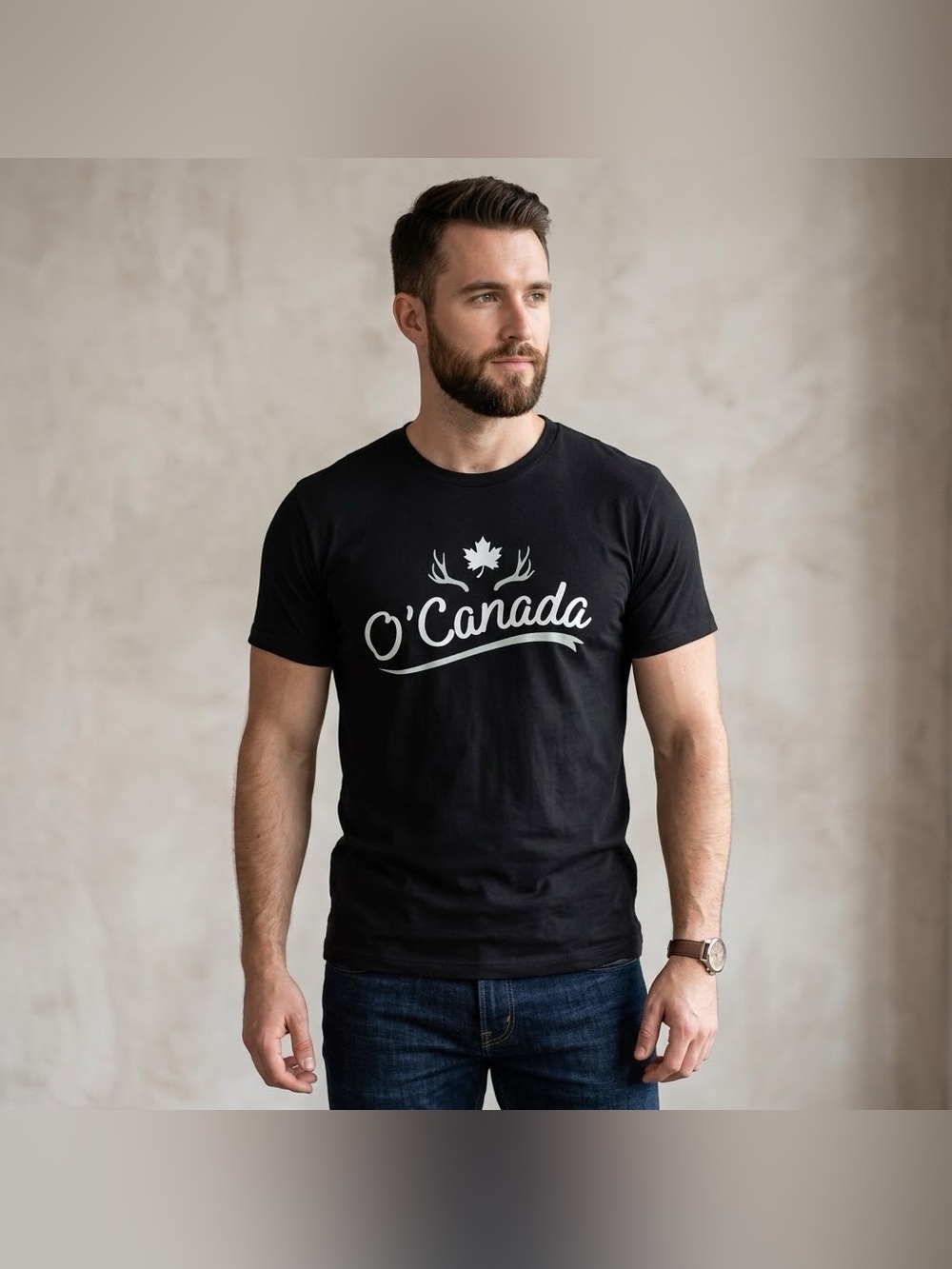 O Canada Maple Leaf Antlers Graphic Print Black Cotton T Shirt Extra Large